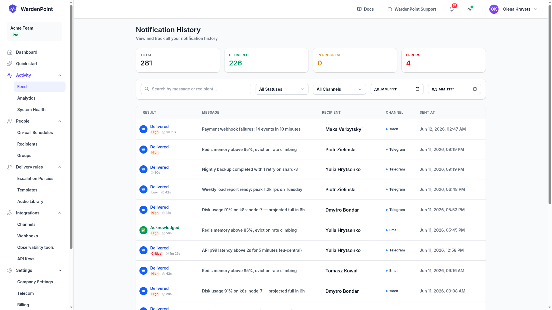 Live feed — every dispatch, acknowledgement and failure on one timeline.