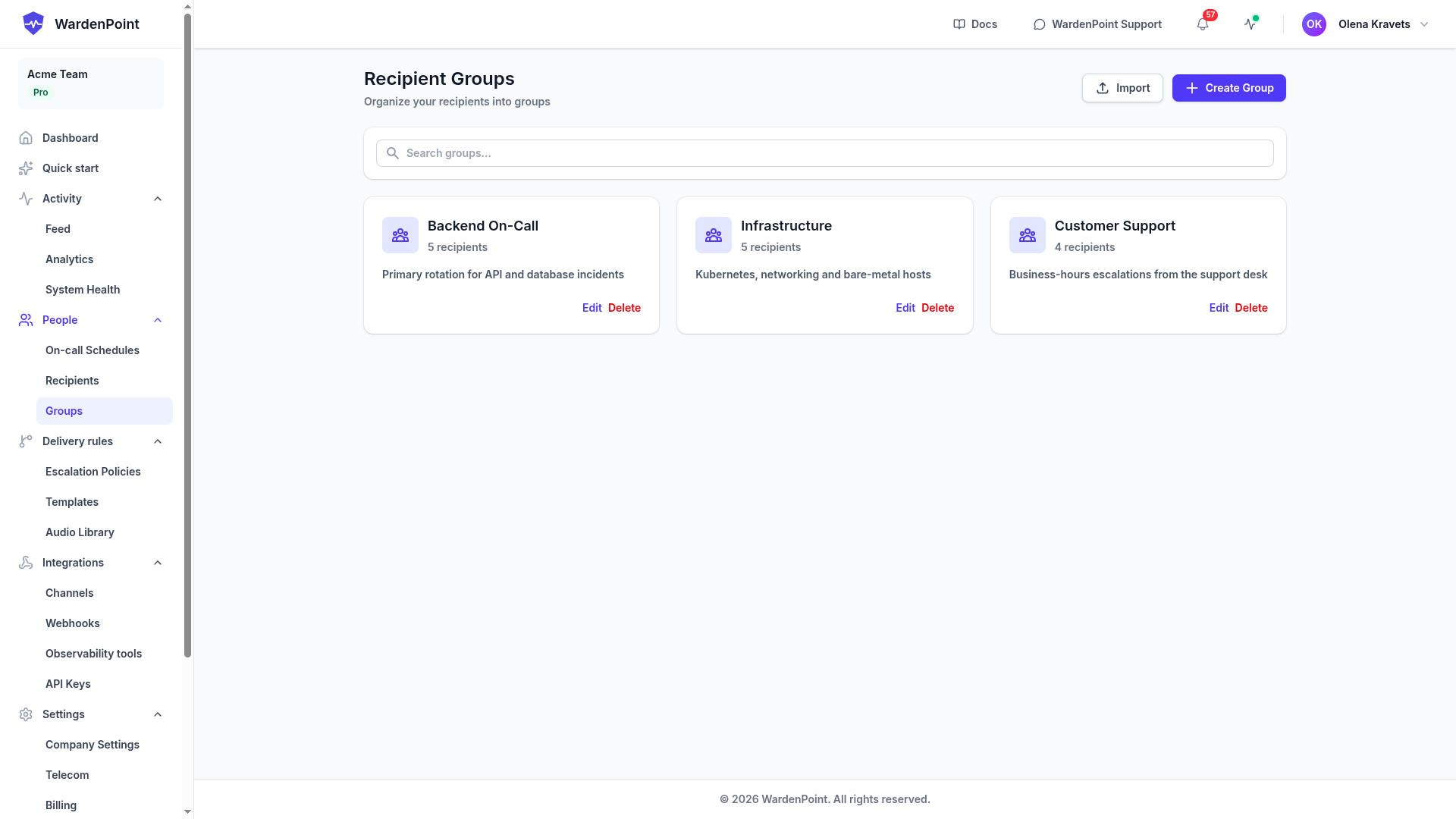 Groups — responders organized into rotations like Backend On-Call or Infrastructure.